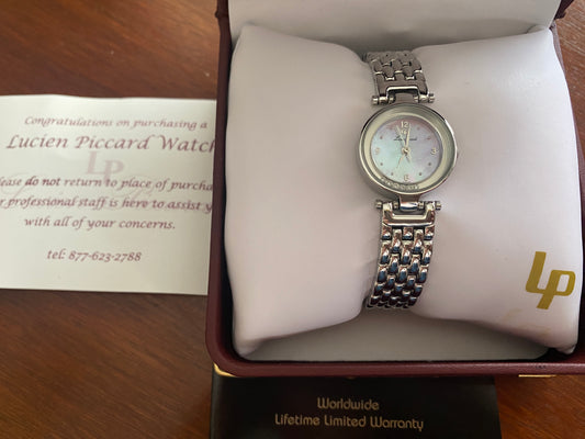 Silver Tone Lucien Piccard Ladies Wristwatch Lavender MOP in Box