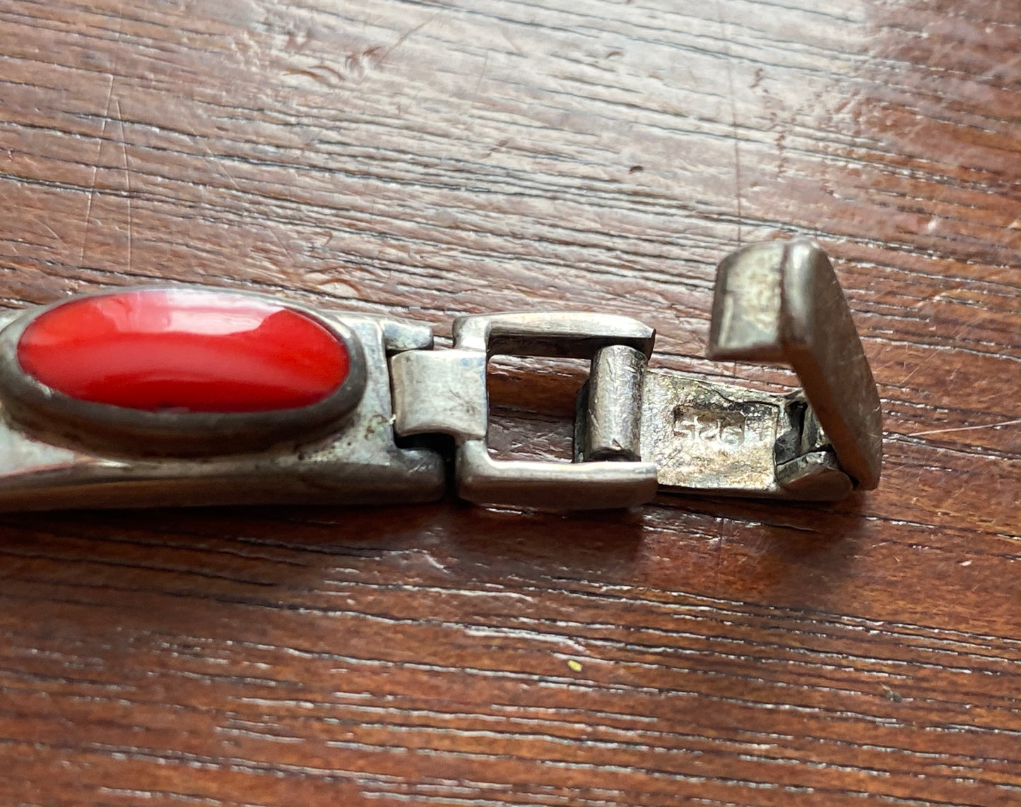 Sterling Silver 925 Red Coral Bracelet 7 3/8" Long