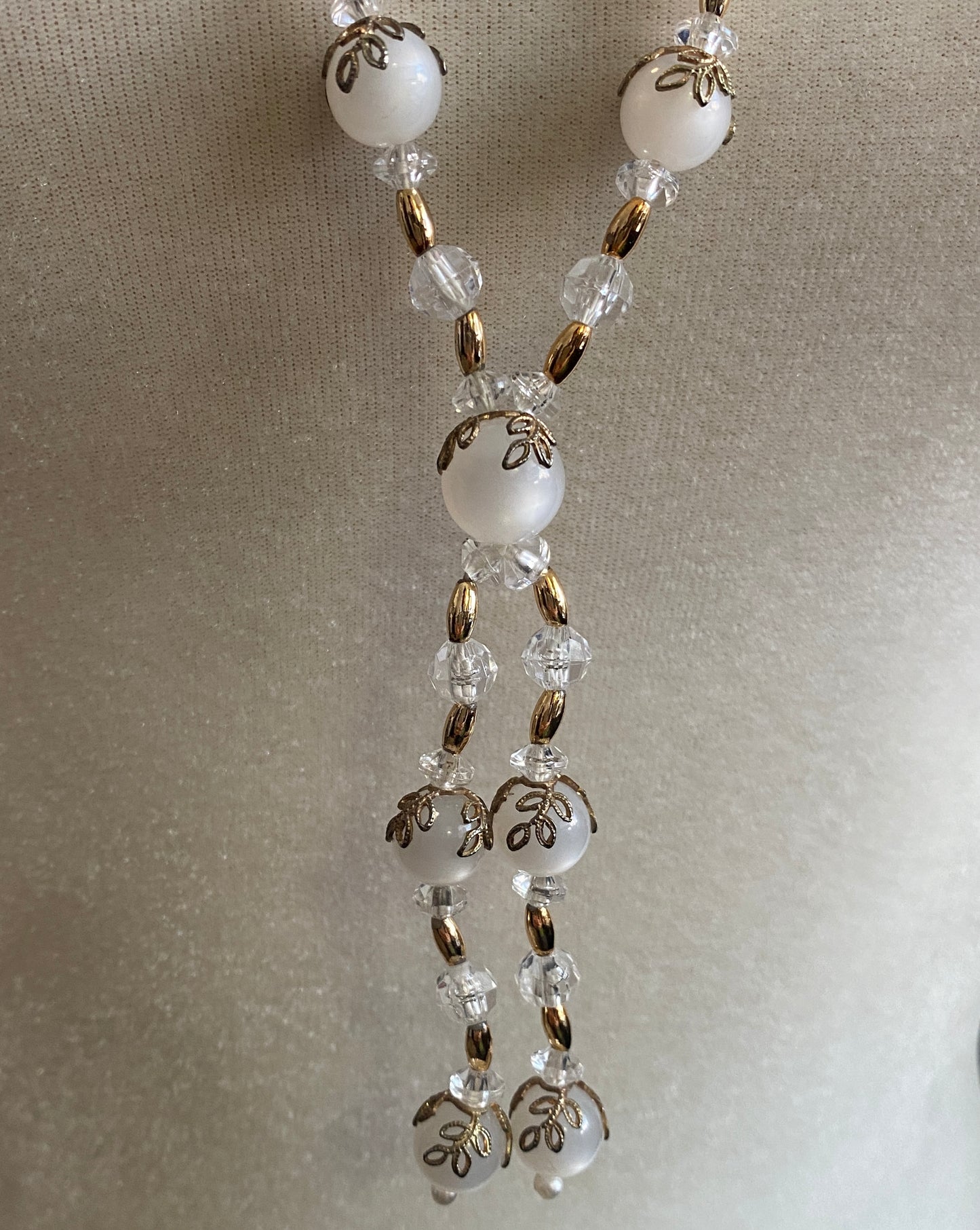 Vintage Plastic Moonstone Gold Tone Clear Bead Tassel Necklace