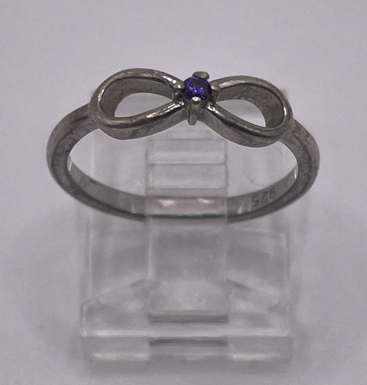 Sterling Silver 925 Round Amethyst Bow Ring Sz 6