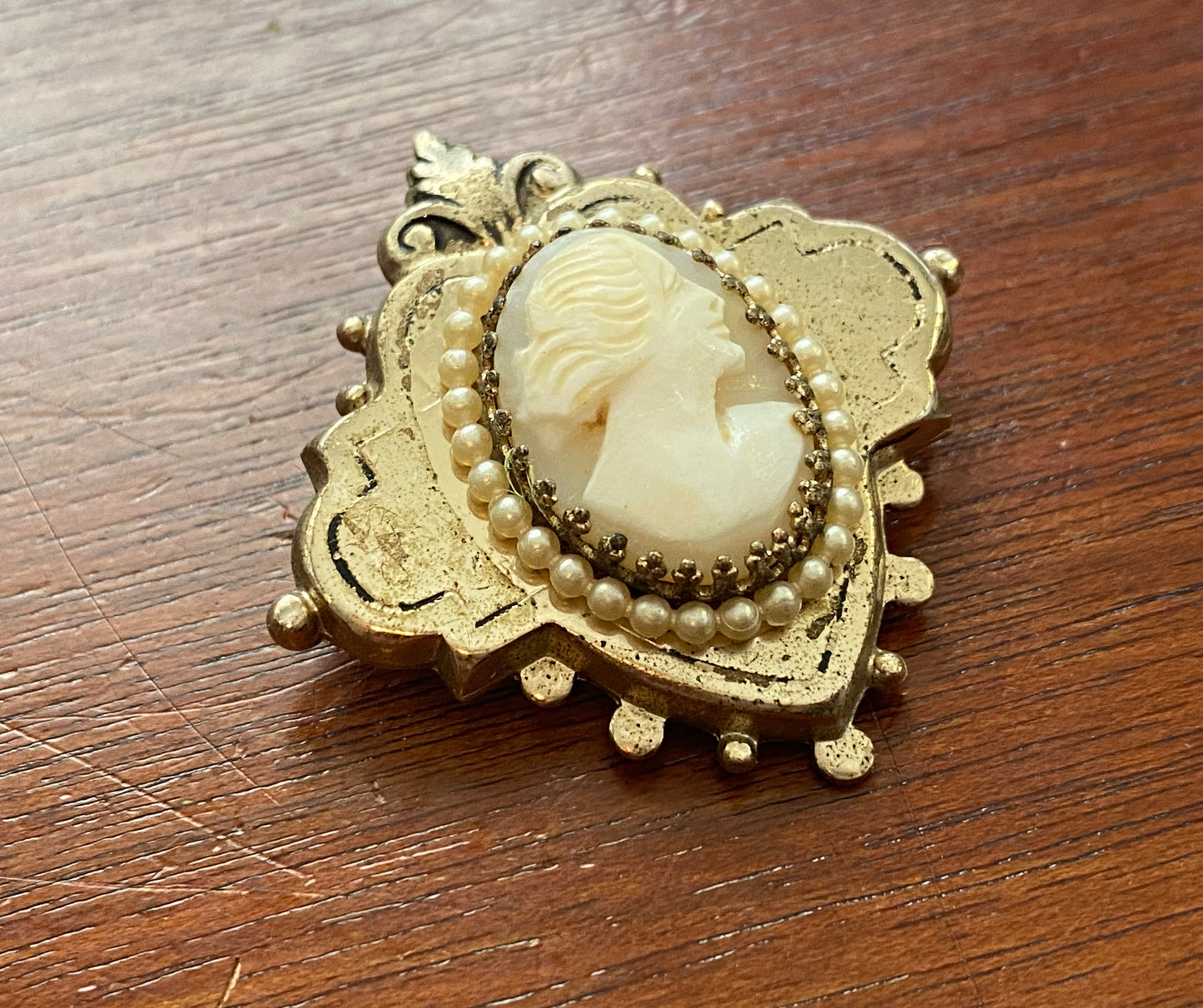 Vintage Coro Carved Cameo Seed Pearl Brooch Pin