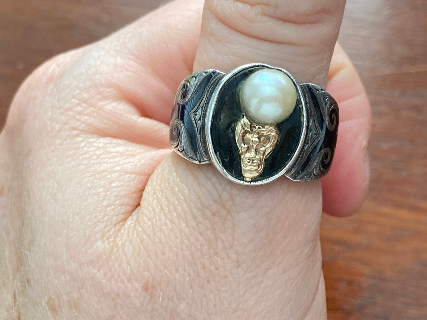 Vintage Niello Silver 950 Pearl Gold Signet Ring Sz 9.5