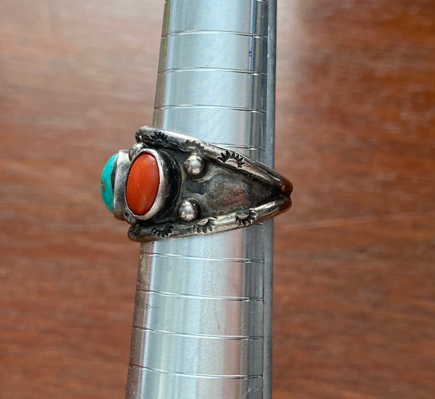 Signed JB Old Pawn Sterling Silver 925 3 Stone Turquoise Red Coral Ring Sz 7.25