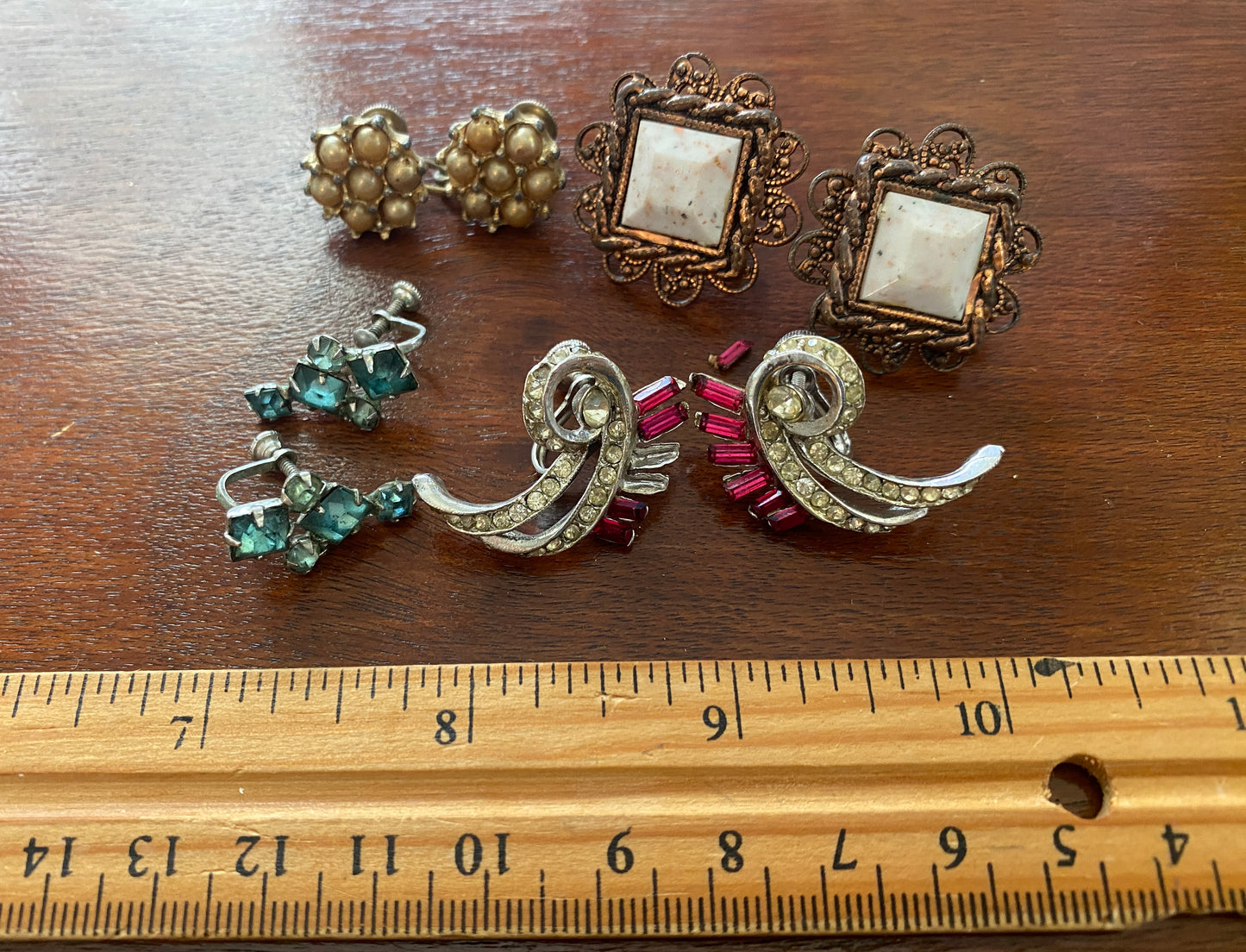 Vintage Screwback Earring Lot Rhinestone Baguette Pearl Copper