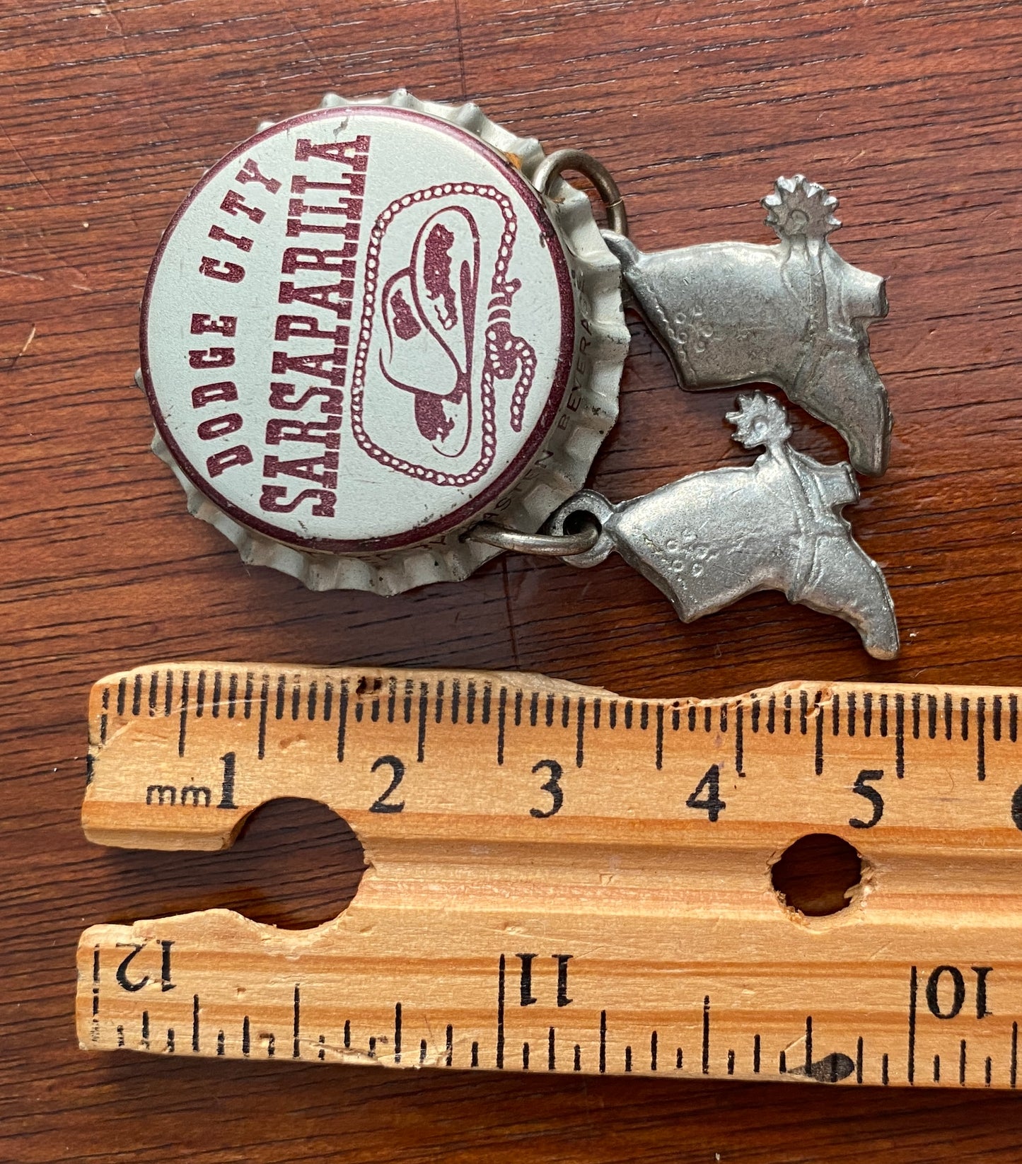 Vintage Dodge City Sarsaparilla Cowboy Western Brooch Pin Bottle Cap