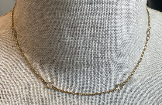 Gold Tone Chain Glass Open Bezel Choker Collar Necklace 15" Long