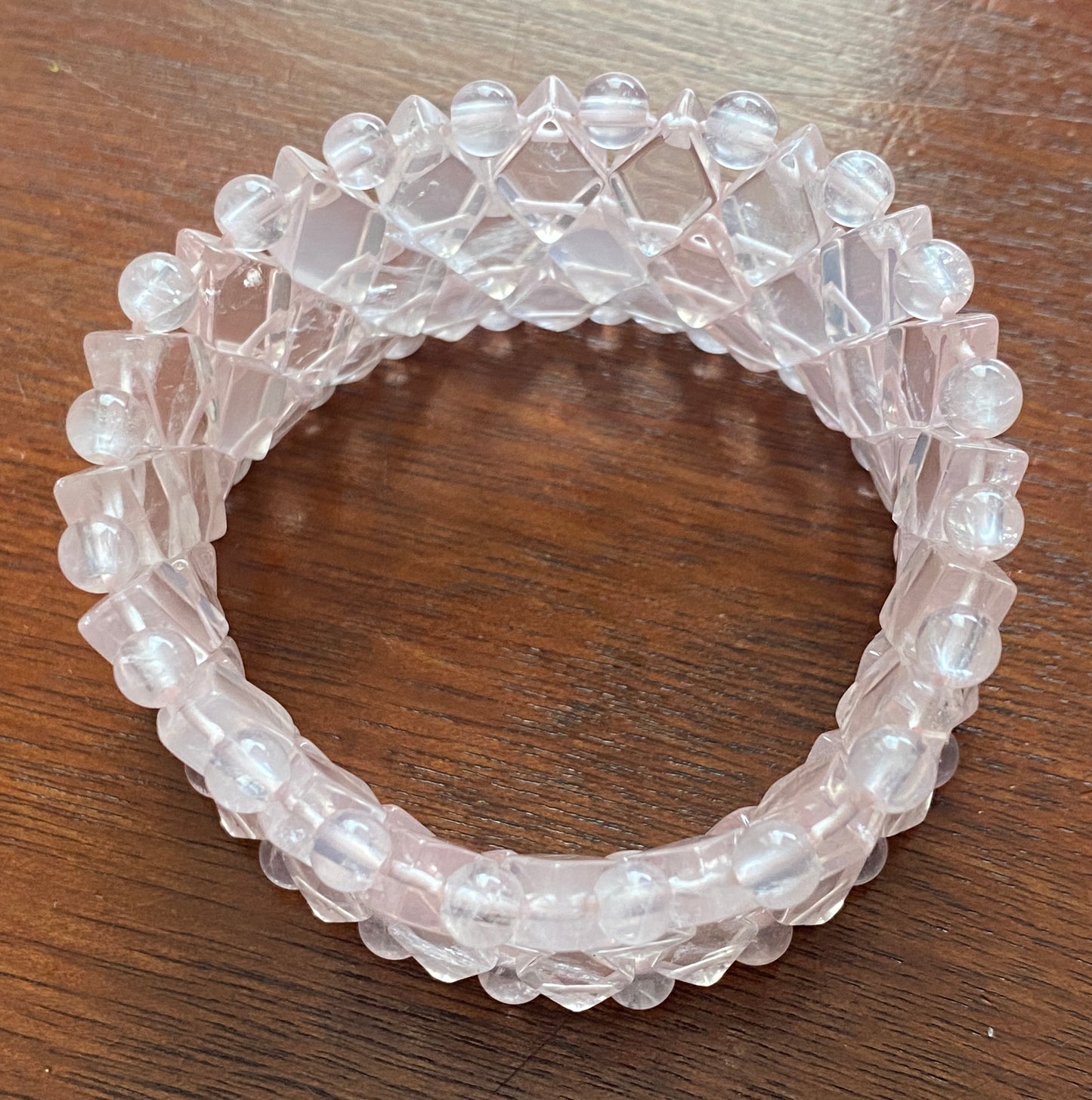 Rose Quartz Diamond Shaped Round Bead Stretch Wide Bracelet