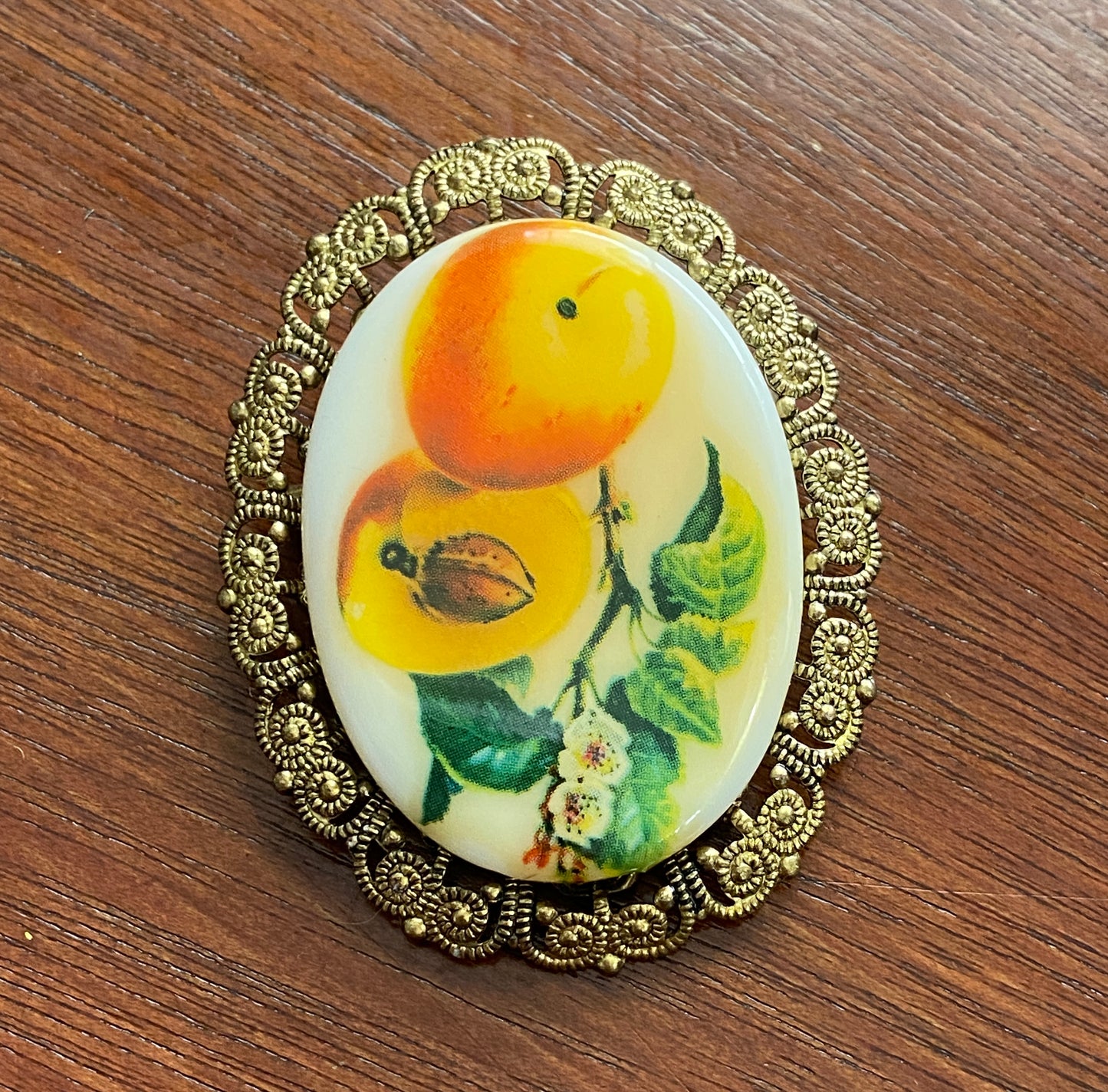 Vintage Hand Painted Western Germany Peach Glass Brooch Pin