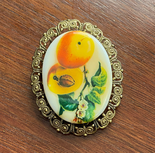 Vintage Hand Painted Western Germany Peach Glass Brooch Pin