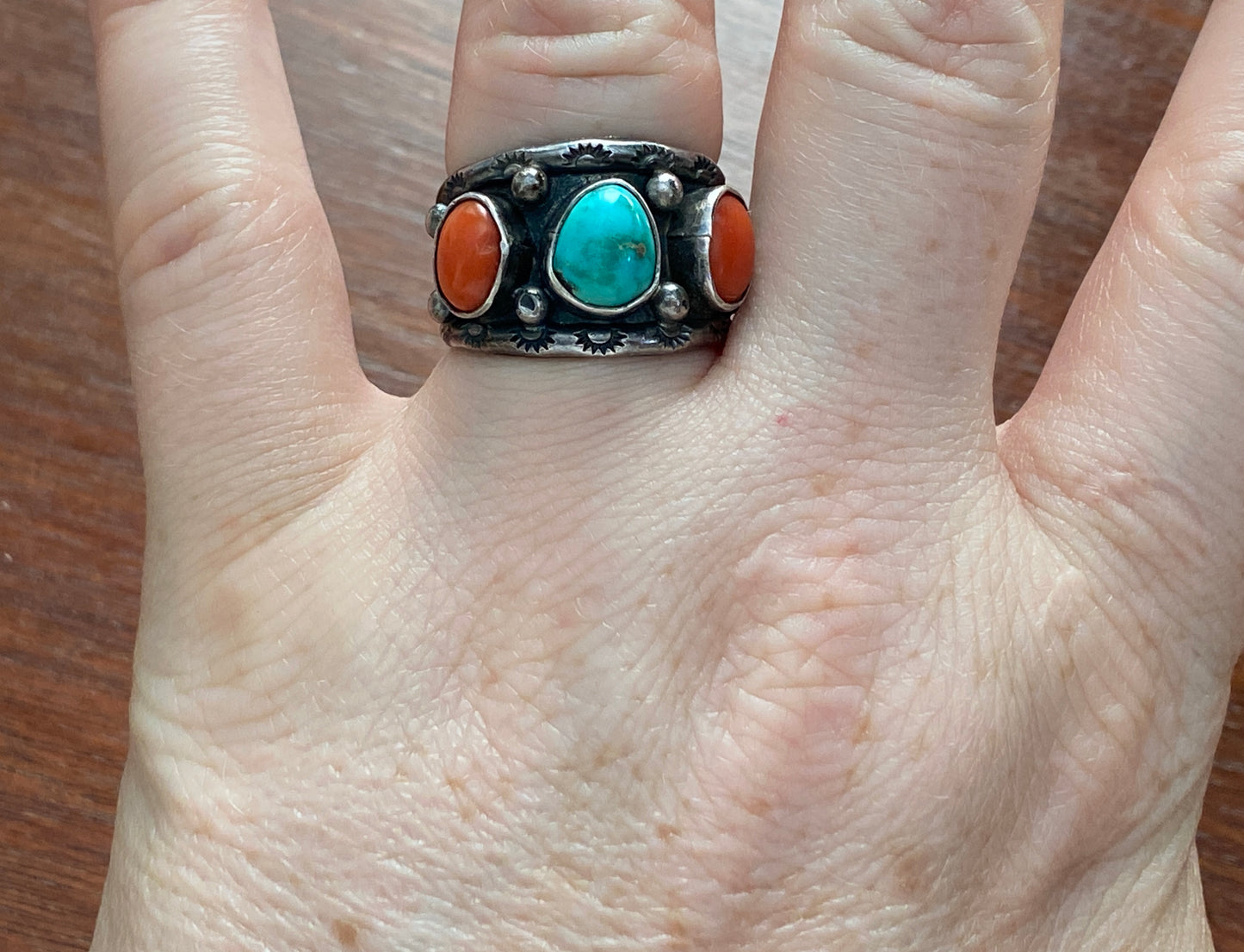 Signed JB Old Pawn Sterling Silver 925 3 Stone Turquoise Red Coral Ring Sz 7.25