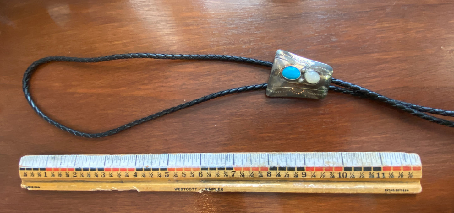 Vintage Signed AT Native American Sterling Silver Turquoise Bolo Tie