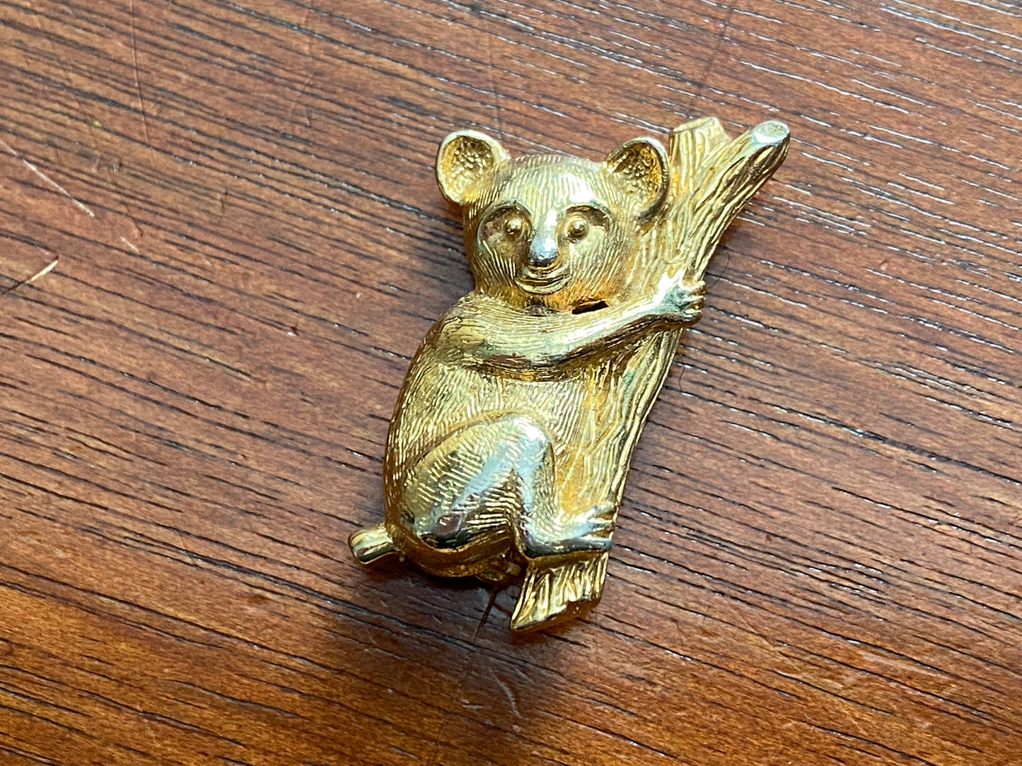 Vintage Gold Tone Koala in Tree Brooch Pin - Signed SC