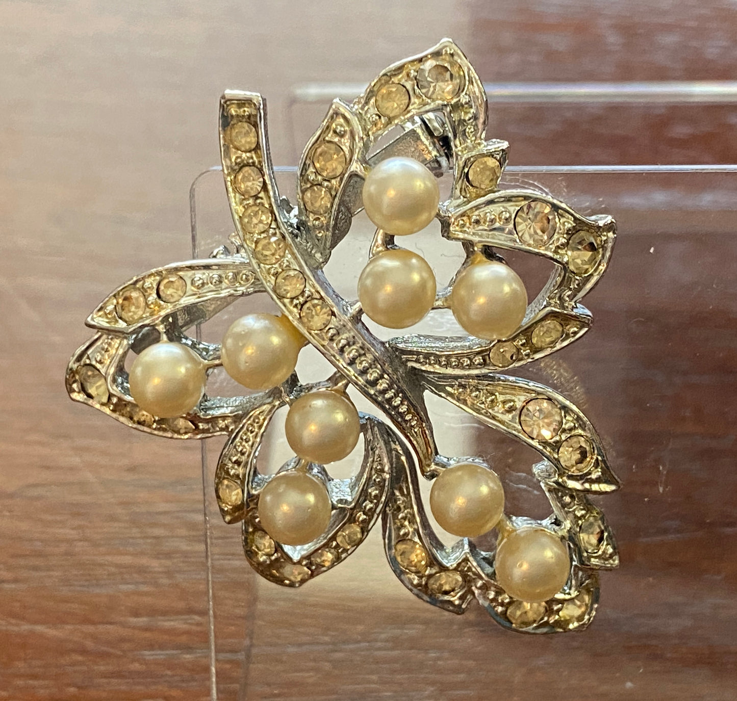 Vintage Silver Tone Faux Pearl Rhinestone Leaf Brooch Pin