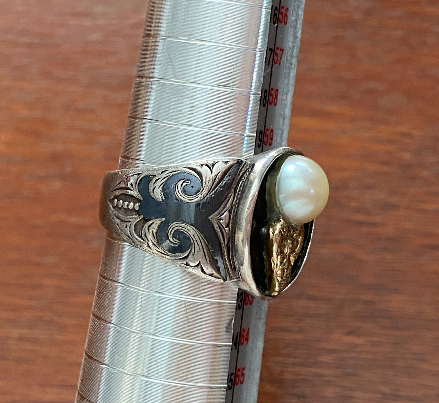 Vintage Niello Silver 950 Pearl Gold Signet Ring Sz 9.5