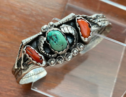 Vintage Sterling Silver 925 Turquoise Red Coral Bracelet Cuff