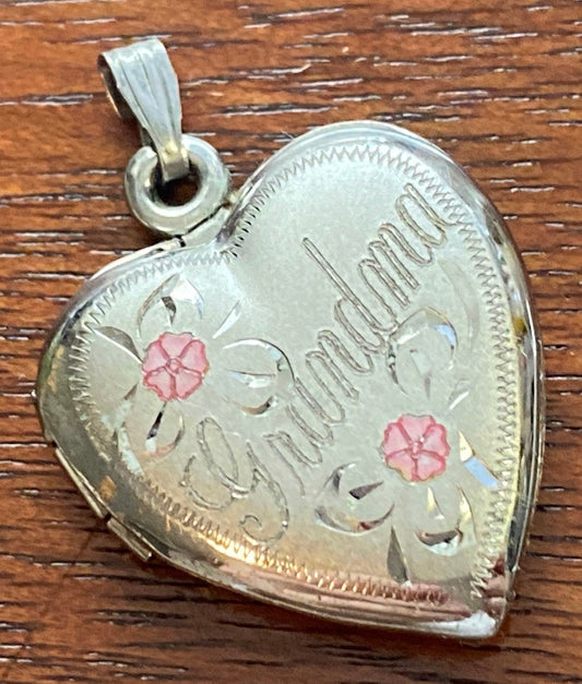 Sterling Silver 925 Heart Shaped Grandma Pink Flowers Locket