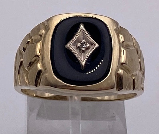 Vintage PSCO 10k Yellow Gold Diamond Onyx Signet Ring Sz 9.5