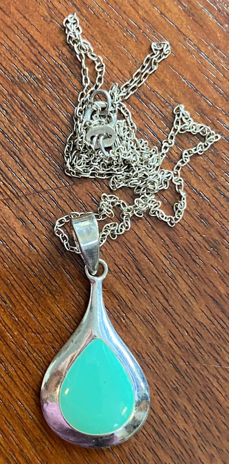 Sterling Silver 925 Chain Necklace Pendant Teal Seafoam Enamel 18" Long