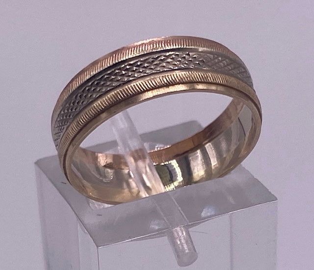 Vintage 14k Yellow White Gold Textured Wide Band Ring Sz 6.5