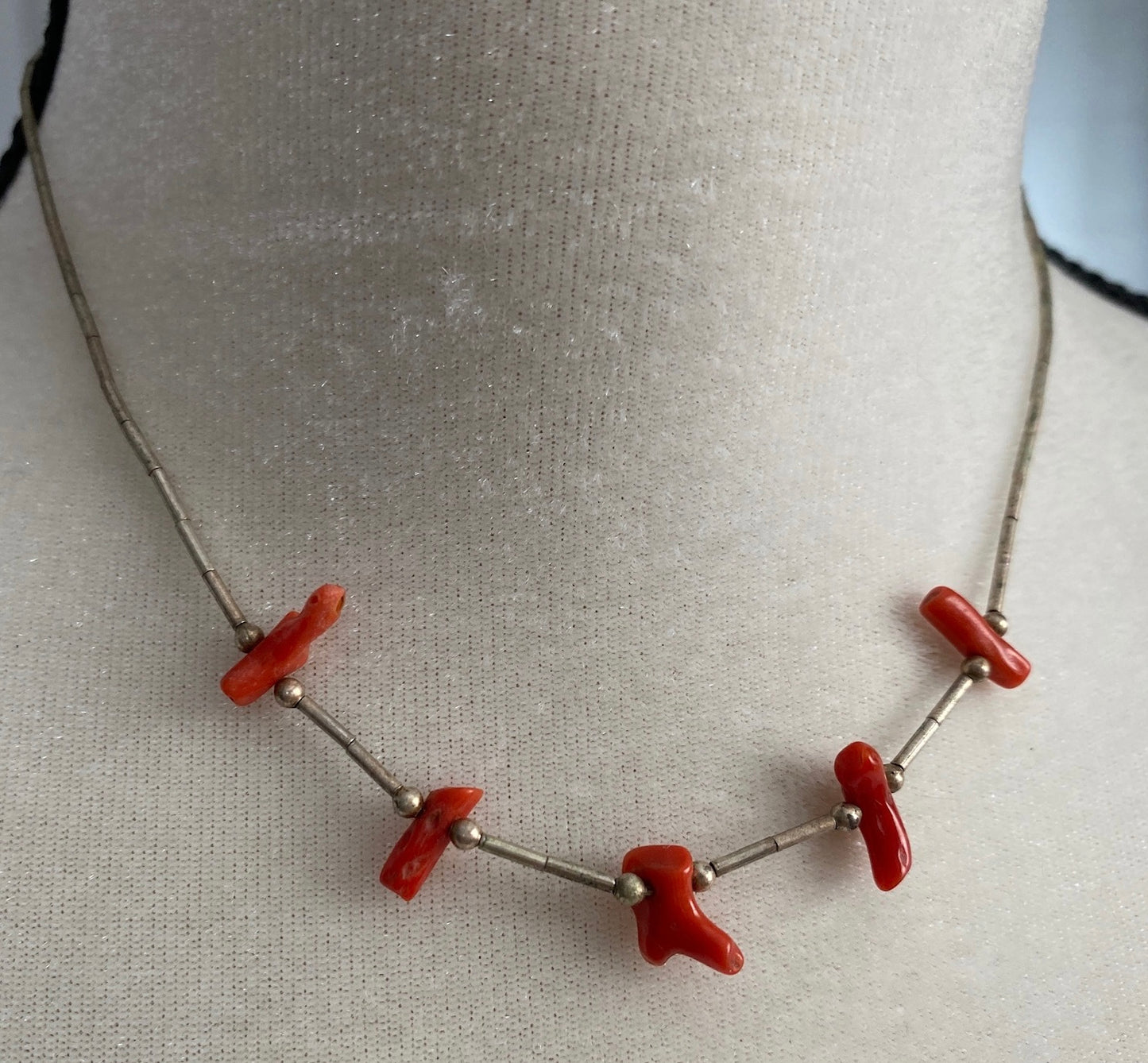 Silver Bead Red Coral Carved Fetish Necklace