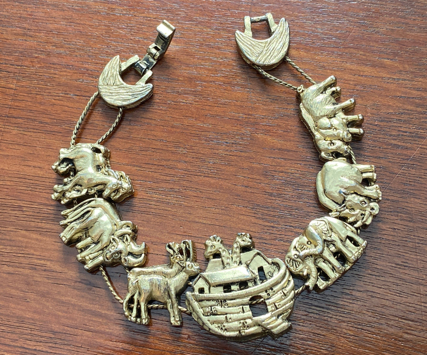 Vintage Gold Tone Noahs Ark Slide Charm Bracelet - Signed TOFA