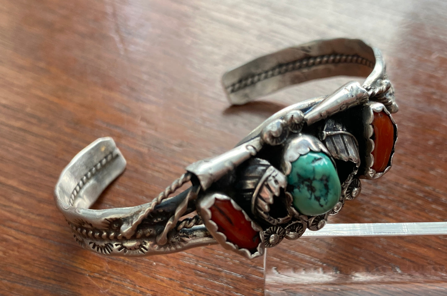 Vintage Sterling Silver 925 Turquoise Red Coral Bracelet Cuff