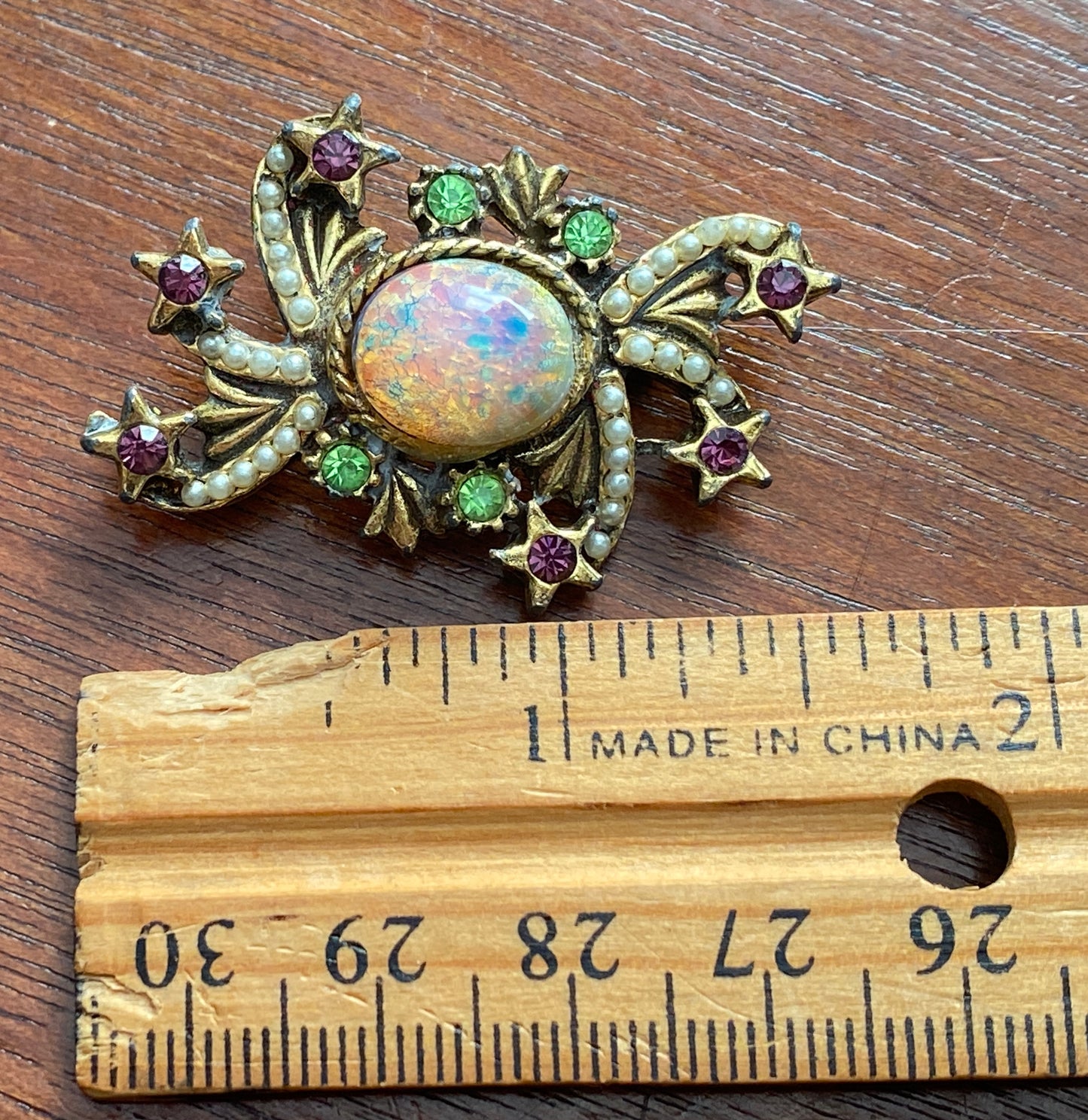 Vintage Gold Tone Faux Opal Seed Pearl Rhinestone Star Brooch Pin