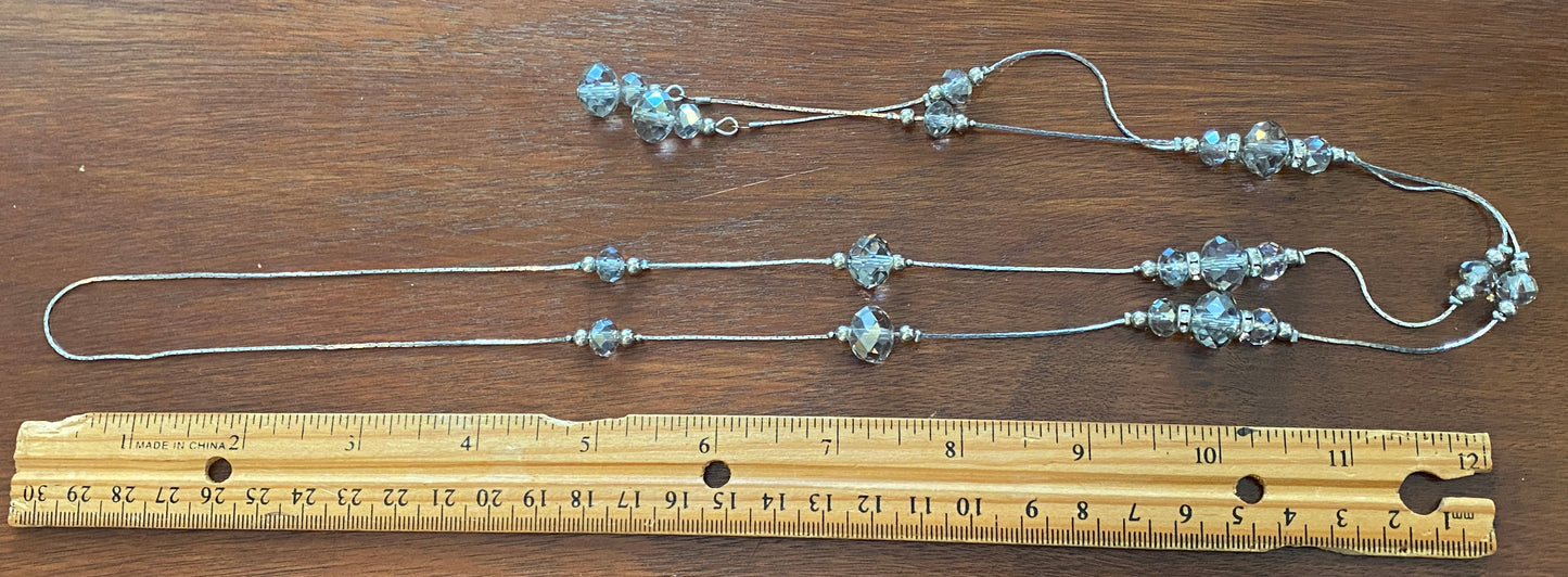 Vintage Silver Tone Opera Length Glass Bead Tassel Necklace Rhinestones