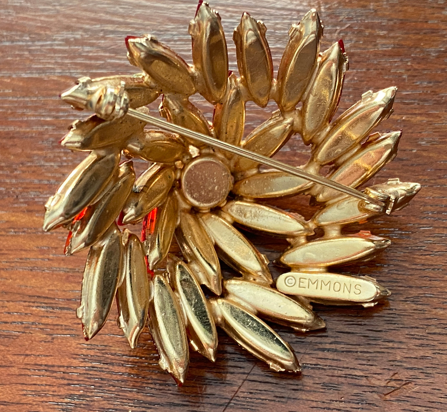 Vintage Signed Emmons Gold Tone Red Marquise Brooch Pin Domed