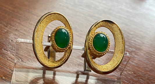 Vintage Gold Tone Green Glass Cabochon Cufflinks