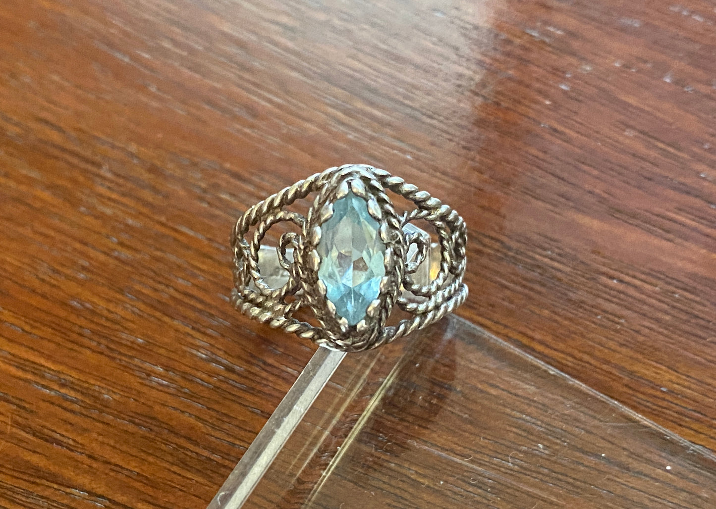 Sterling Silver 925 Wire Filigree Marquise Blue Stone Ring Sz 8