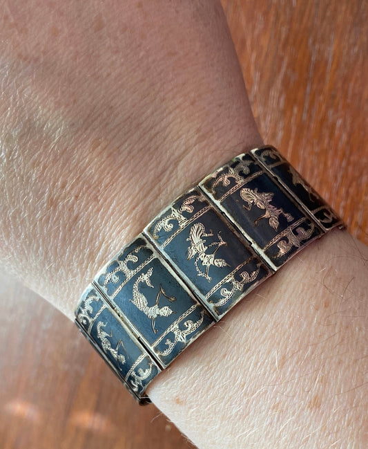 Sterling Silver 925 Siam Boho Black Enamel Etched Panel Bracelet