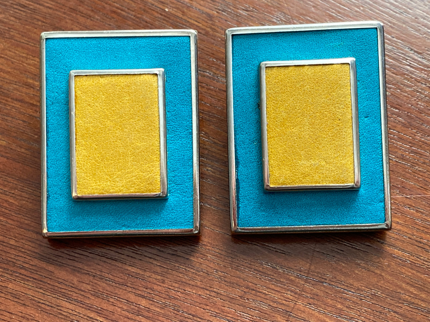 Vintage Large Graphic Suede Blue Yellow Silver Tone Statement Earrings