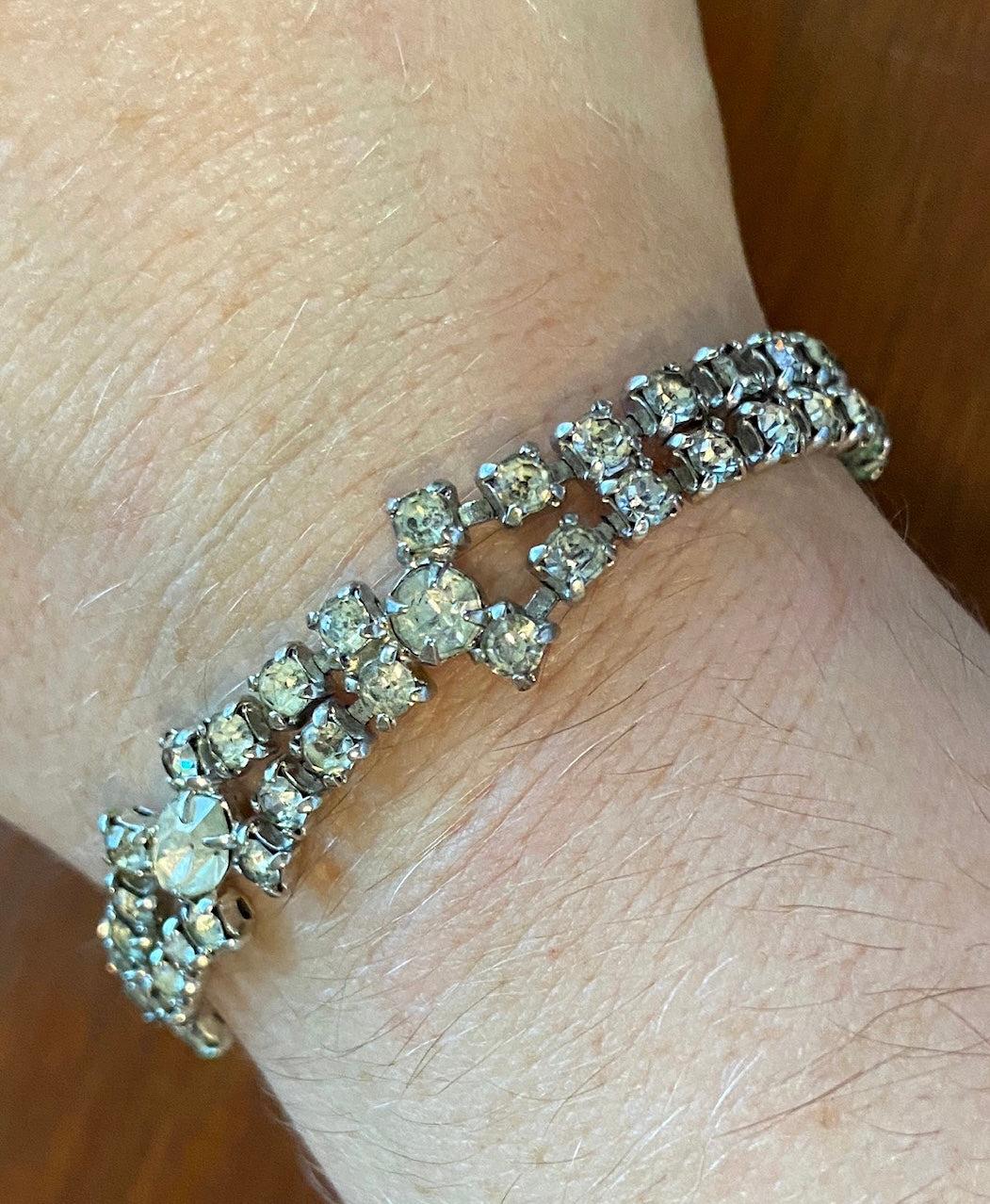 Vintage Silver Tone Marquise 2 Row Rhinestone Bracelet