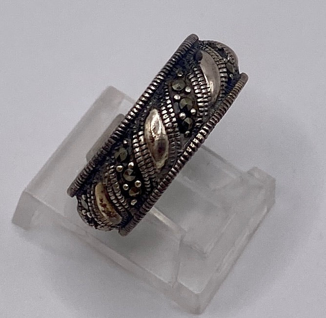 Sterling Silver 925 Marcasite Wide Bead Edge Band Ring Sz 6.5