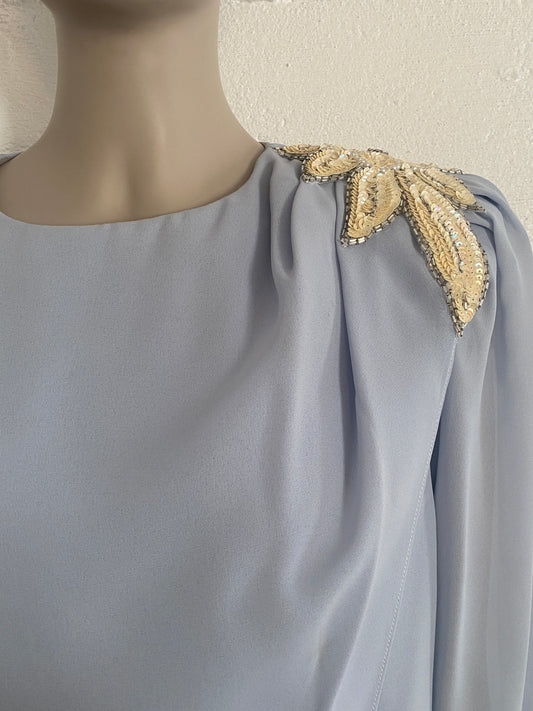 Vintage Ursula of Switzerland Periwinkle Pearl Chiffon Dress Sz 10