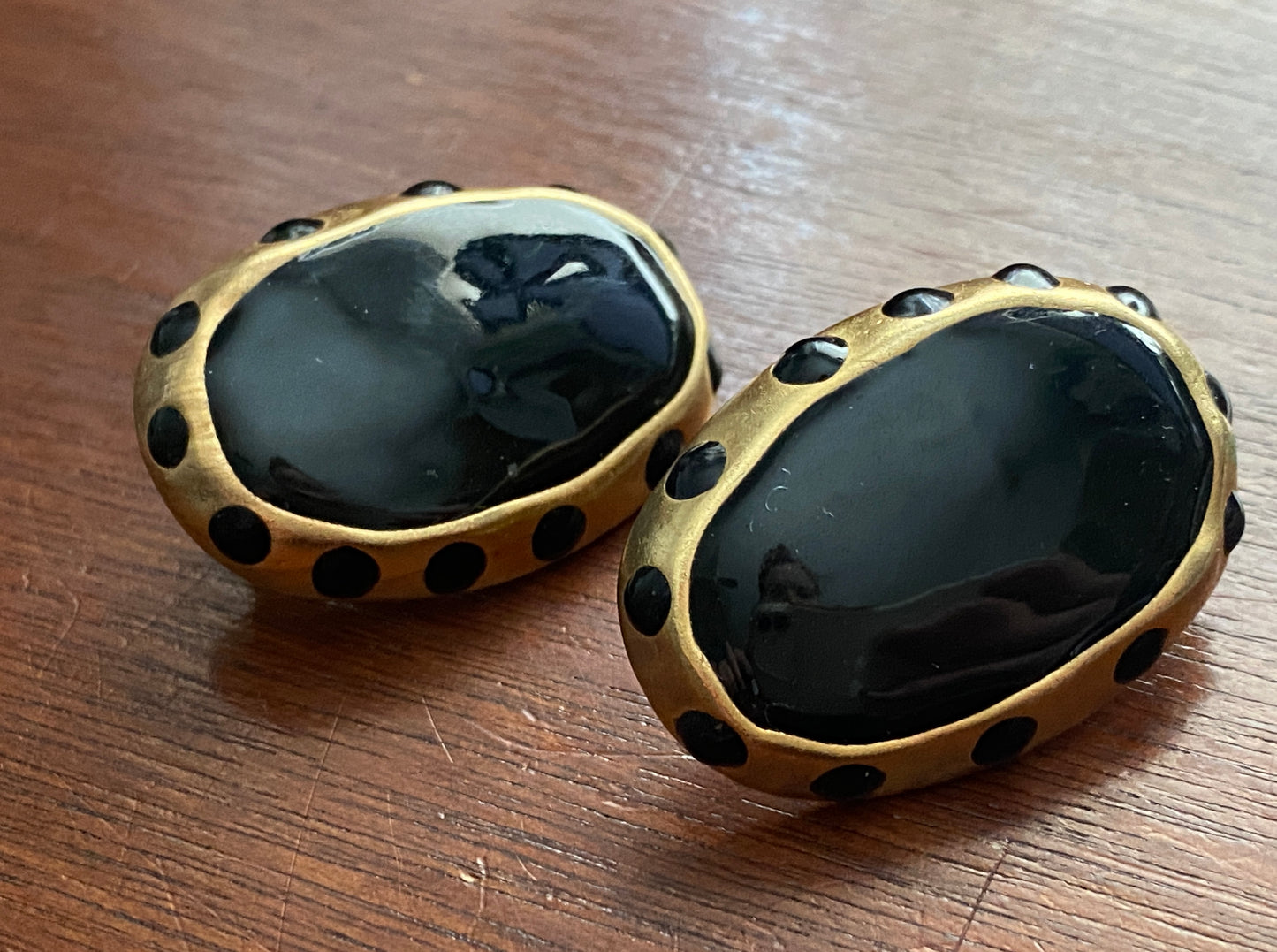 Vintage Gold Tone Black Large Pierced Earrings