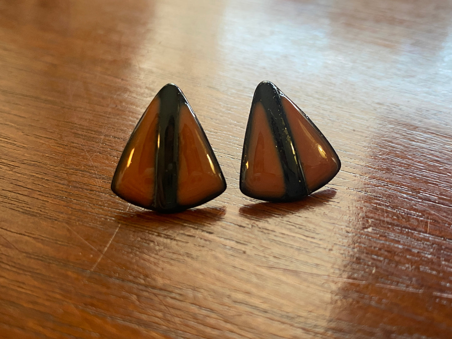 Vintage Enamel over Copper Black Brown Pierced Earrings