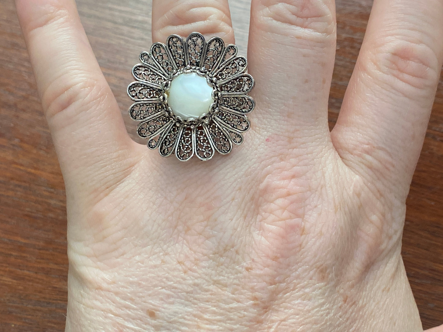 Sterling Silver 925 Moonstone Filigree Flower Ring Sz 10