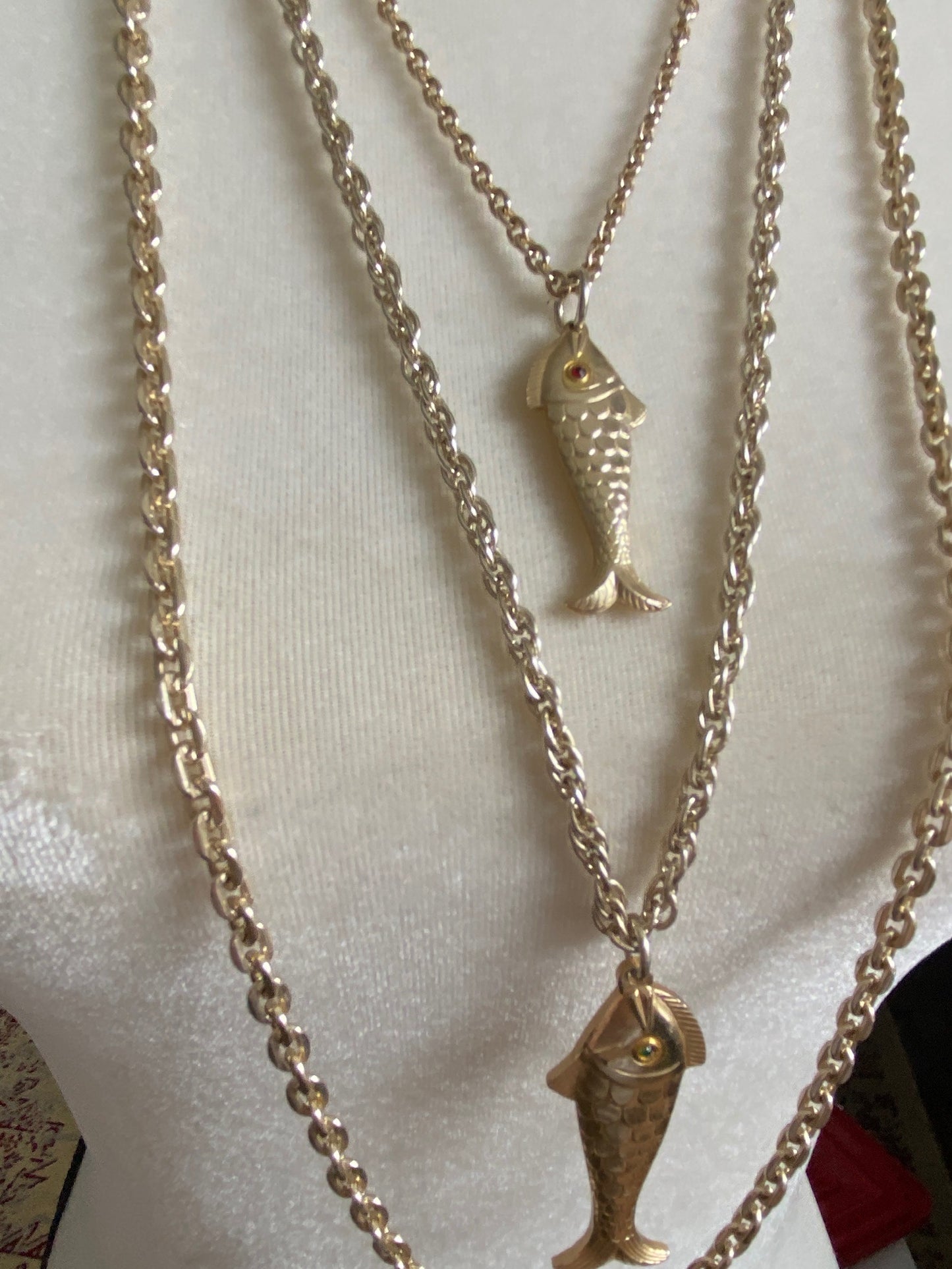 Vintage Germany Gold Tone Chain Multistrand Fish Rhinestone Necklace
