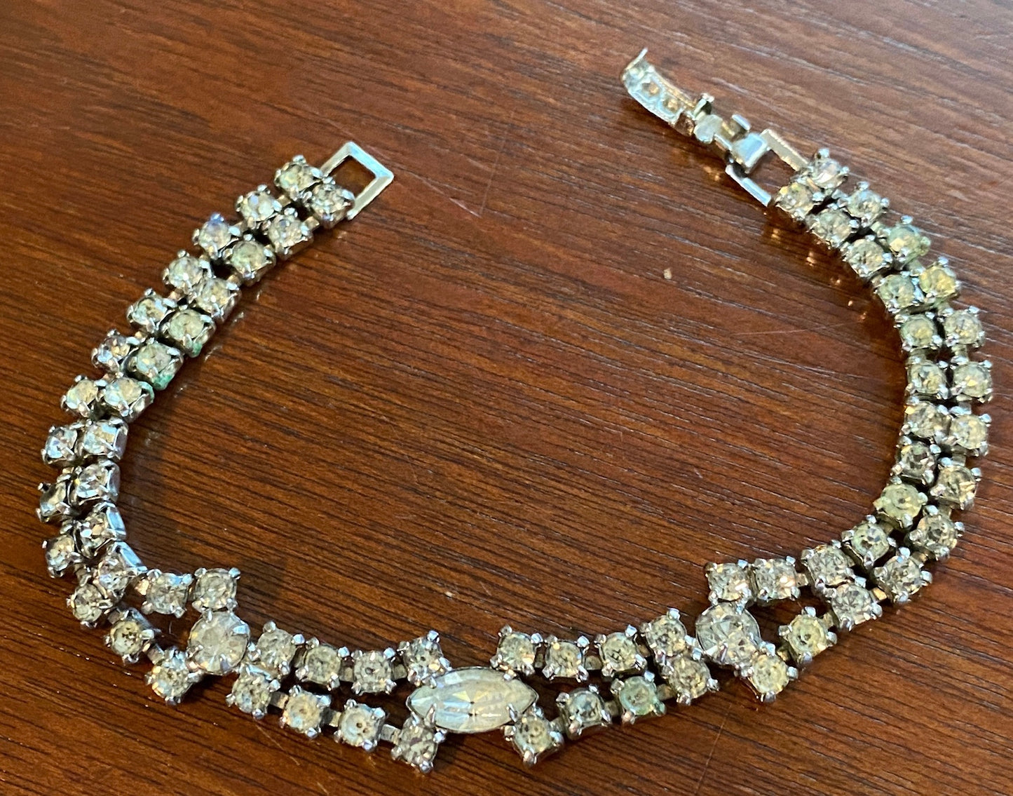 Vintage Silver Tone Marquise 2 Row Rhinestone Bracelet