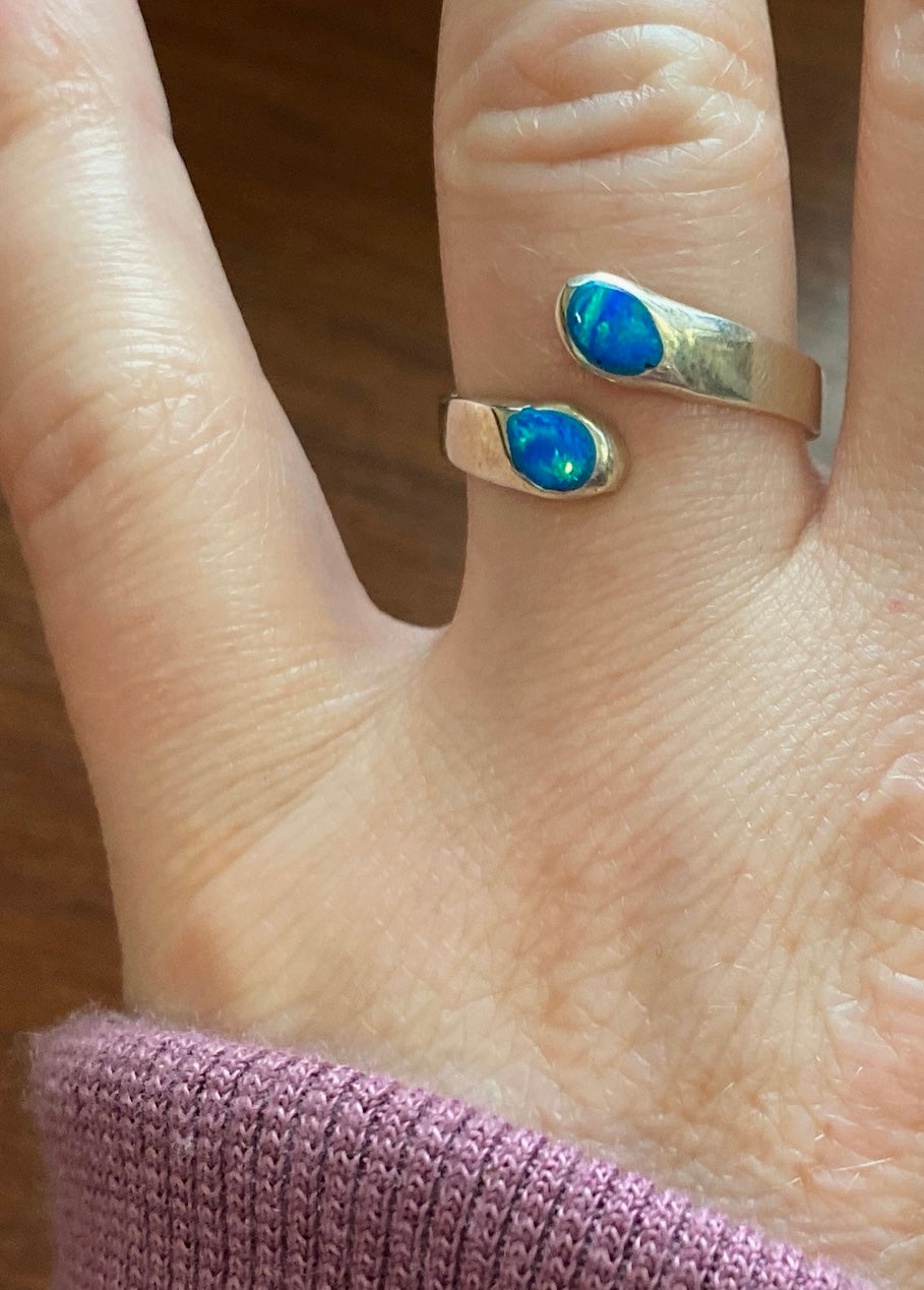 Sterling Silver 925 Blue Fire Opal Bypass Ring Sz 9.75