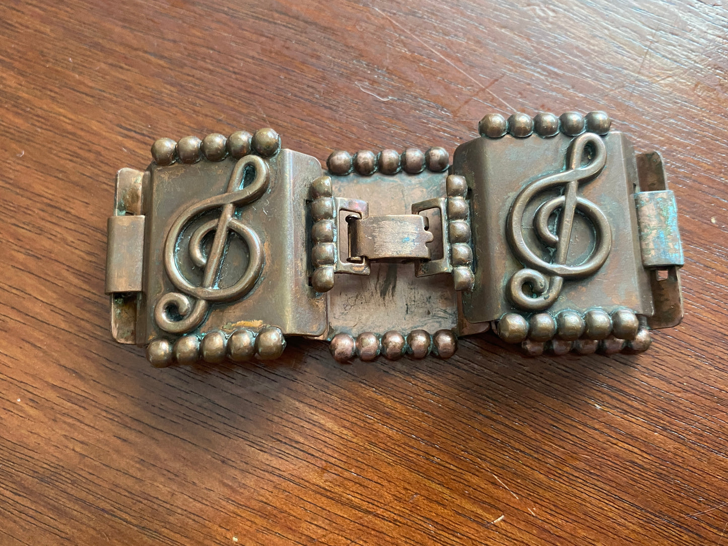 Vintage Copper Wide Panel Music Bracelet Unsigned Renoir Treble Clef