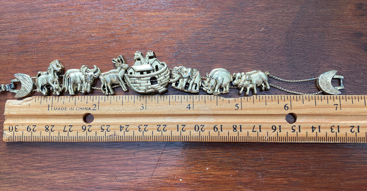 Vintage Gold Tone Noahs Ark Slide Charm Bracelet - Signed TOFA