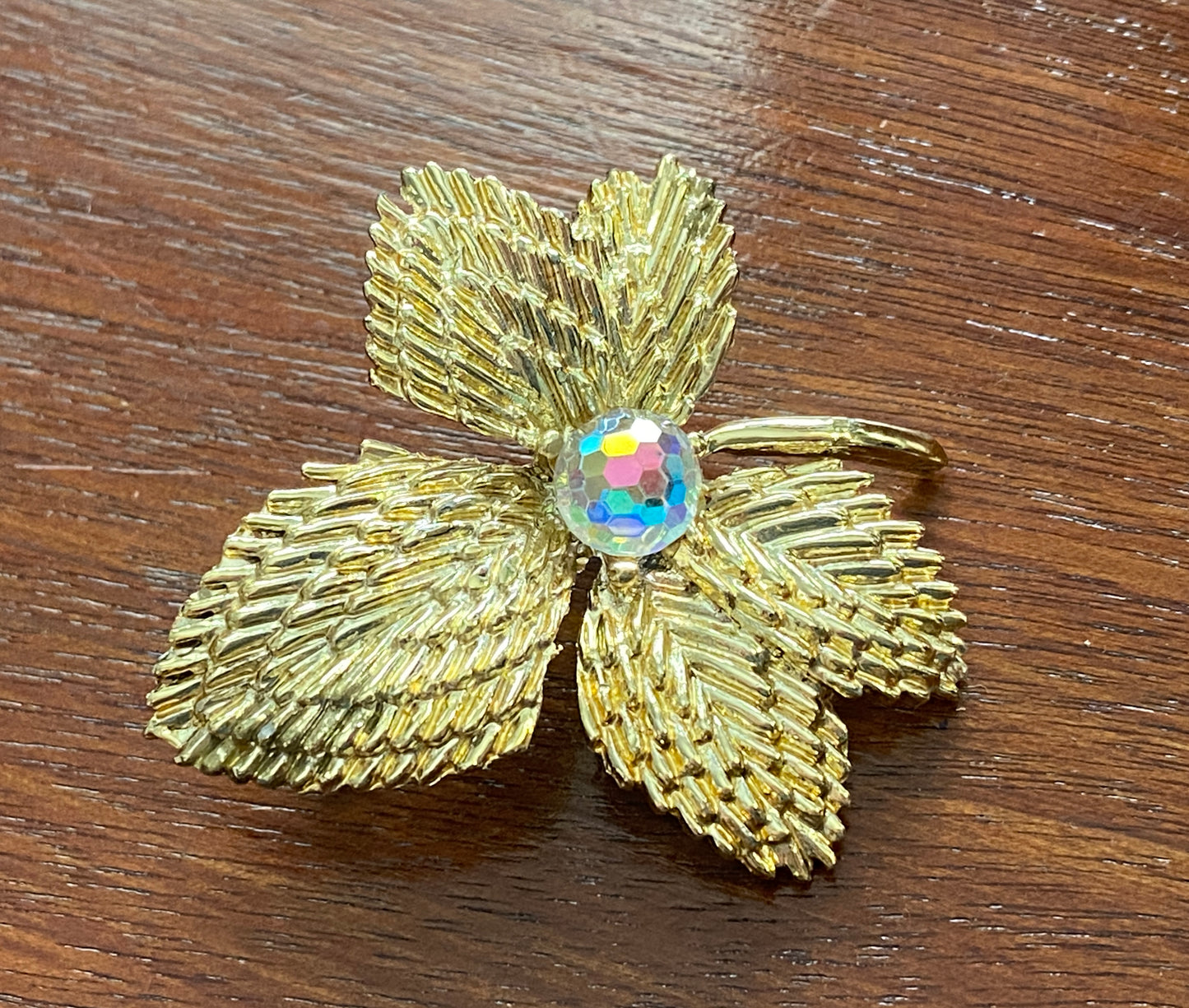 Vintage Aurora Borealis Rhinestone AB Disco Faceted Leaf Brooch Pin