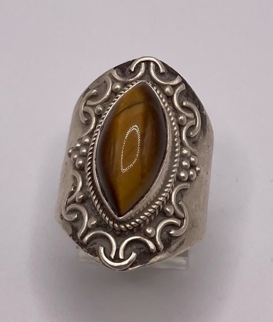 Sterling Silver 925 Tigers Eye Wide Band Ring Sz 8.75