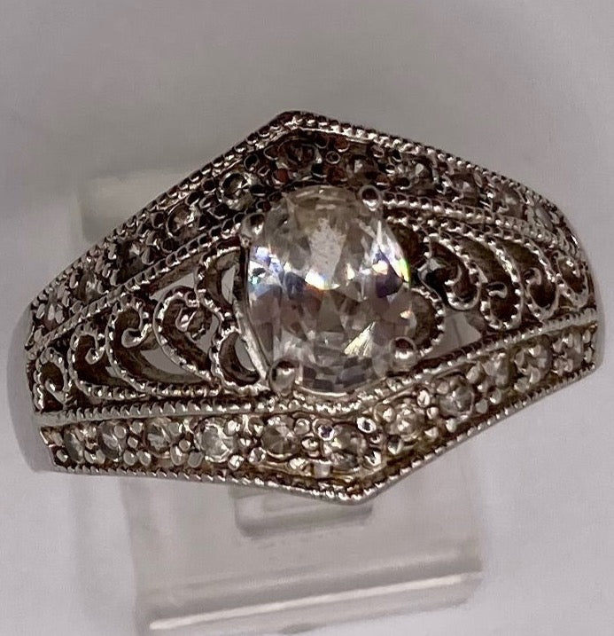 Sterling Silver 925 CZ Filigree Oval Stone Ring Sz 11.25