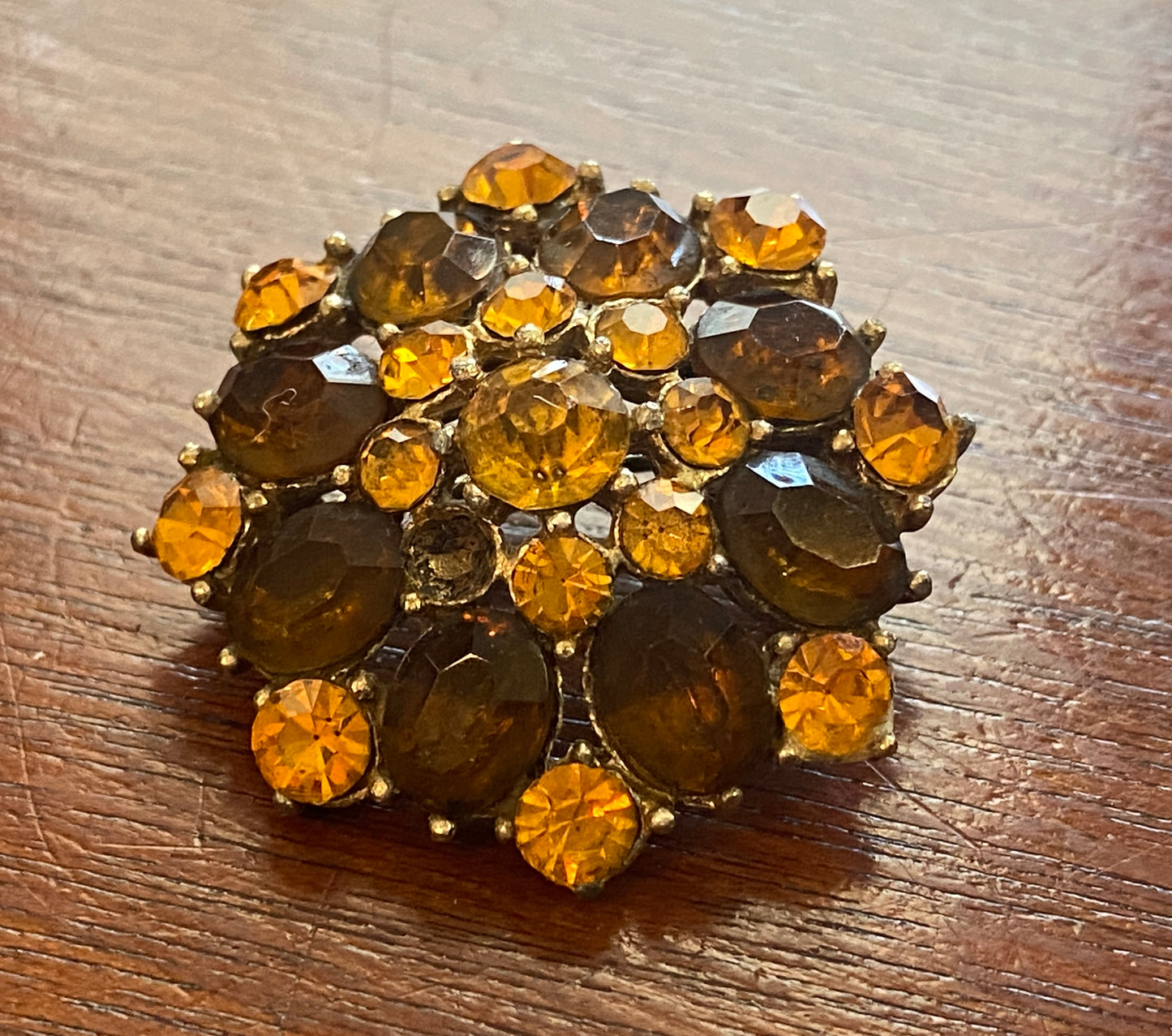 Vintage Silver Tone Amber Orange Tone Rhinestone Domed Brooch Pin