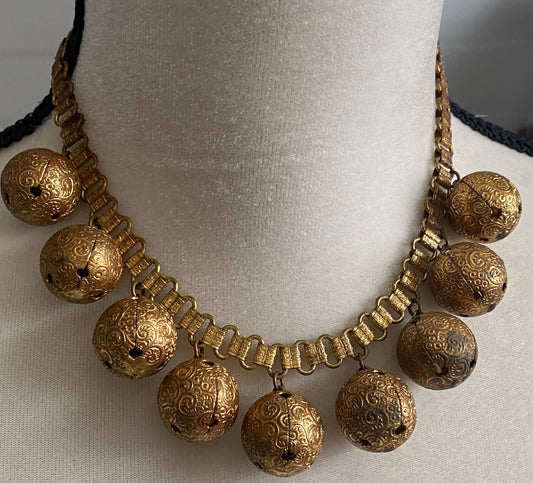 Vintage Bronze Tone Metal Bell Ball Bead Collar Necklace