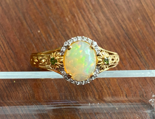 Gold Vermeil over Sterling Silver 925 Faux Opal Halo Flower Ring Sz 10